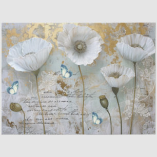 Classic Vintage White Poppies & Lace Decoupage  Tissue Paper