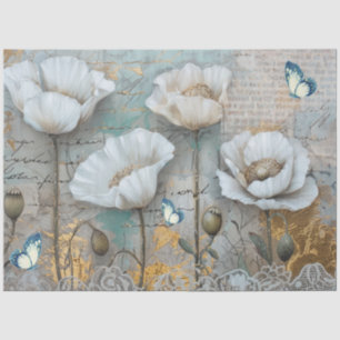 Classic Vintage White Poppies & Lace Decoupage  Tissue Paper