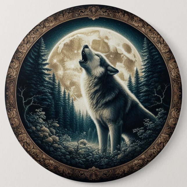 Classic, vintage wolf & moon  6 inch round button (Front)