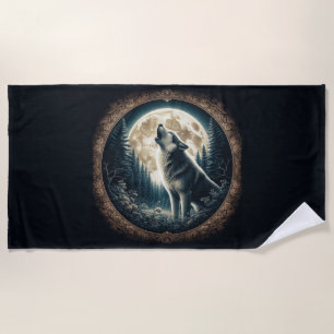 Classic, vintage wolf & moon  beach towel