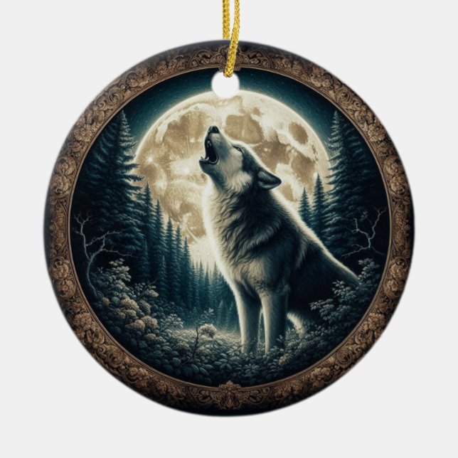 Classic, vintage wolf & moon  ceramic ornament (Front)
