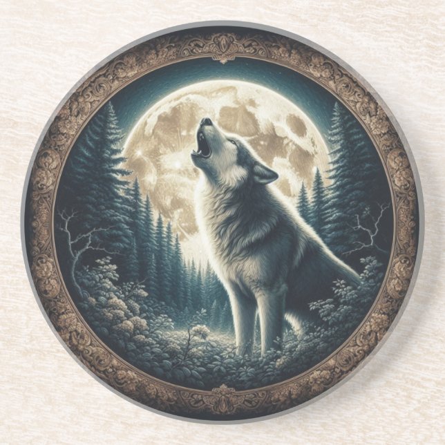 Classic, vintage wolf & moon  coaster (Front)