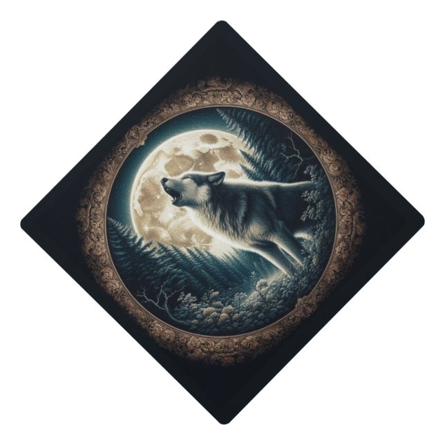 Classic, vintage wolf & moon  graduation cap topper (Front)