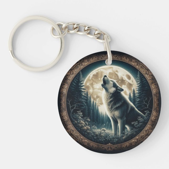 Classic, vintage wolf & moon  keychain (Front)