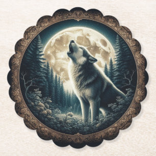 Classic, vintage wolf & moon paper coaster