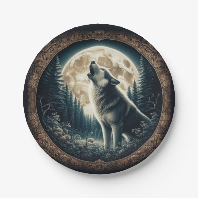 Classic, vintage wolf & moon  paper plate (Front)
