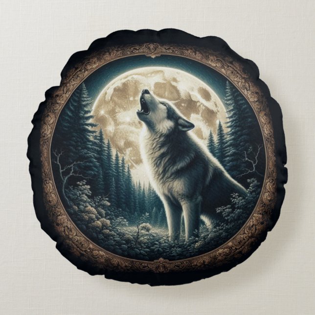 Classic, vintage wolf & moon  round pillow (Front)