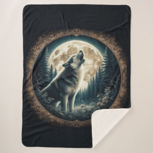Classic, vintage wolf & moon sherpa blanket