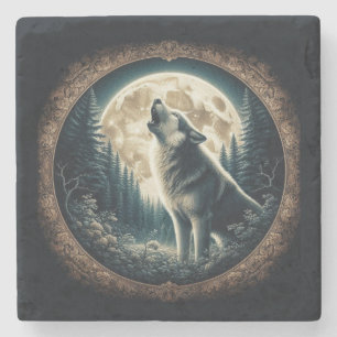 Classic, vintage wolf & moon  stone coaster