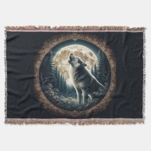 Classic, vintage wolf & moon throw blanket