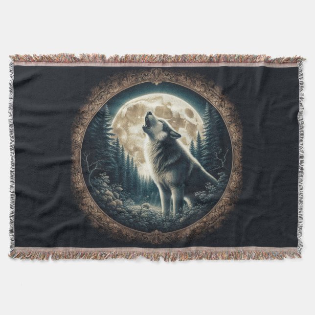 Classic, vintage wolf & moon  throw blanket (Front)