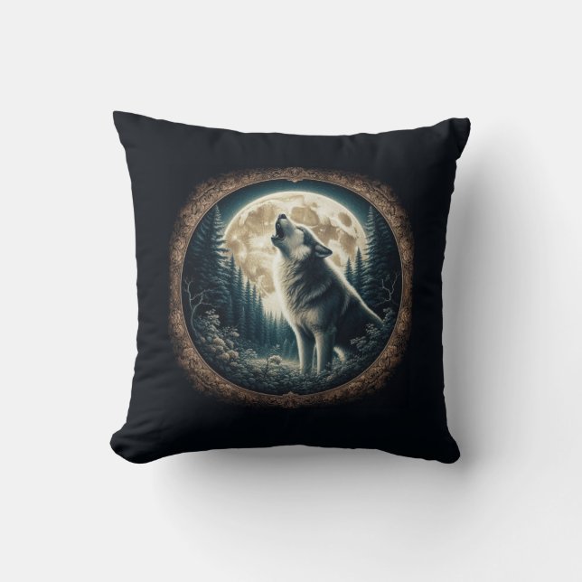 Classic, vintage wolf & moon  throw pillow (Front)