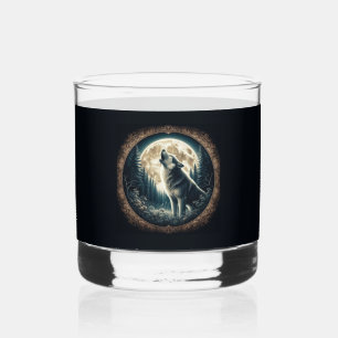 Classic, vintage wolf & moon  whiskey glass