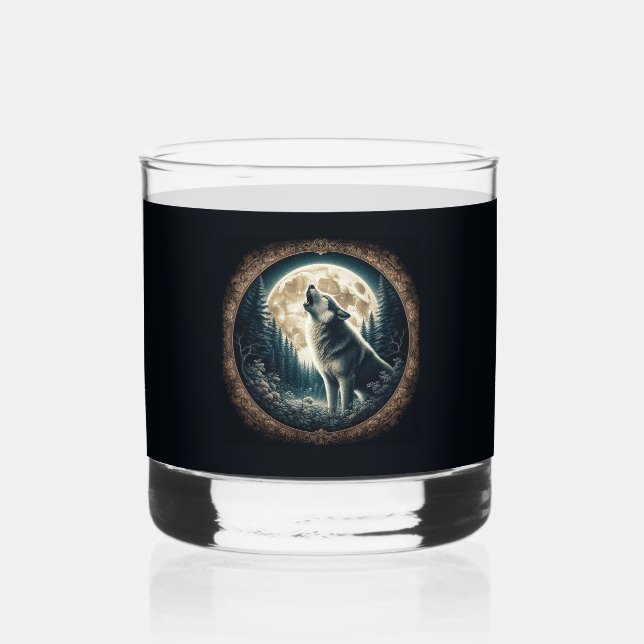 Classic, vintage wolf & moon  whiskey glass (Back)