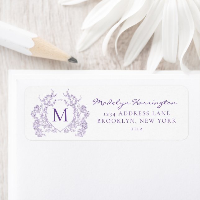 Classic Violet Floral Crest Monogram Address (Insitu)