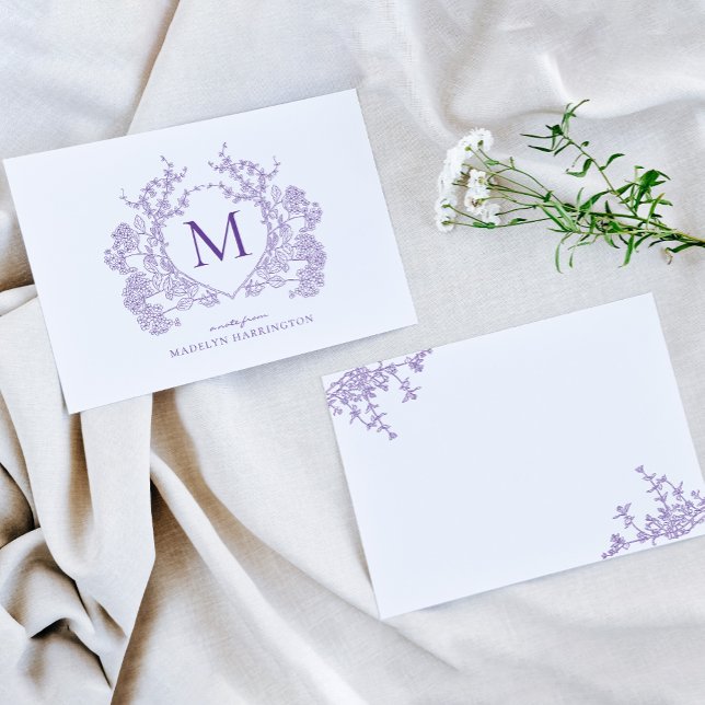 Classic Violet Floral Crest Monogram Card (Creator Uploaded)