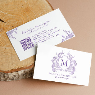 Classic Violet Floral Crest Monogram QR Code Business Card