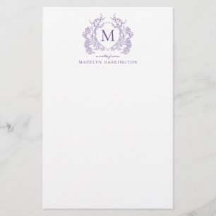Classic Violet Floral Vintage Crest Monogram Stationery