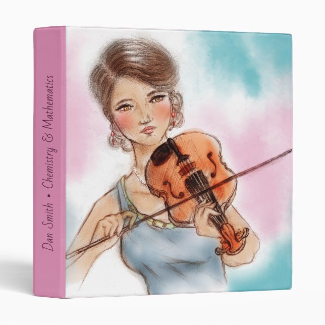 Classic Violin Lady, Pink & Blue Vintage Art Binder (Front/Spine)
