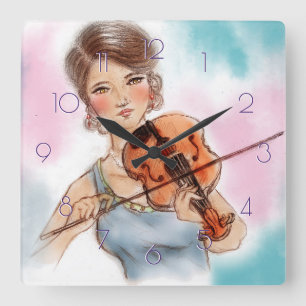 Classic Violin Lady Square Clock, Vintage Art Wall Clock