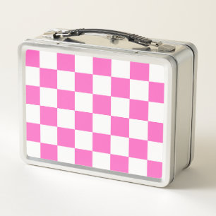 Classic visual pink chequerboard metal lunch box