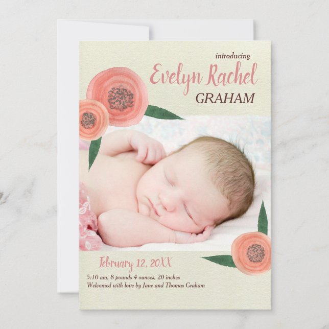 Classic Waterclolor Elegant baby Name Script Photo Announcement (Front)