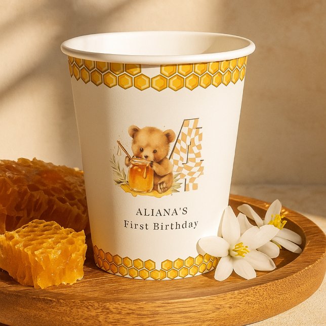 Classic Watercolor Bear Honey Fifth birthday Paper Cups (Creator Uploaded)