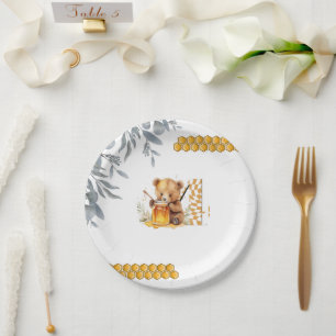Classic Watercolor Bear Honey fourth birthday  Paper Plate
