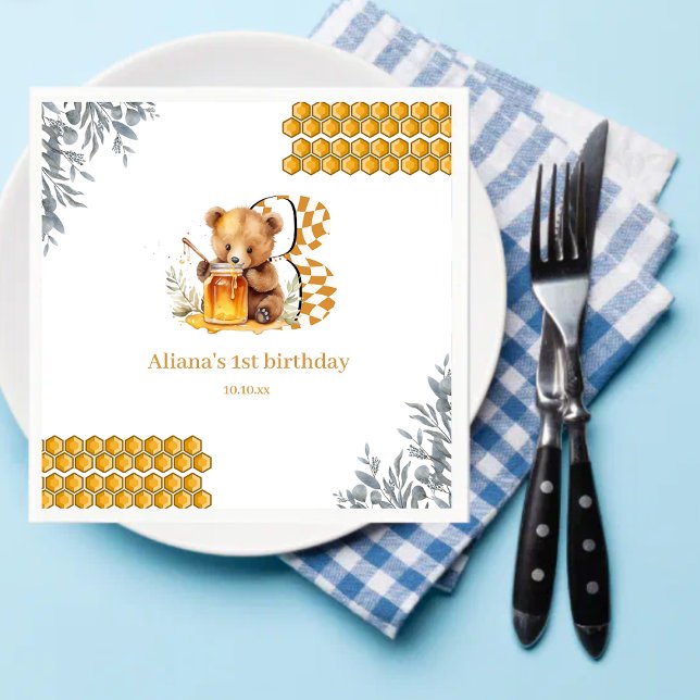 Classic Watercolor Bear Honey third birthday Napkin (Creator Uploaded)