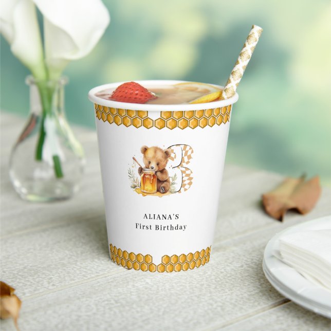 Classic Watercolor Bear Honey third birthday Paper Cups (Insitu)
