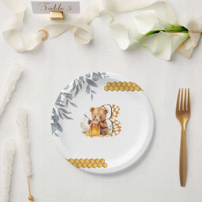 Classic Watercolor Bear Honey third birthday  Paper Plate (Wedding)