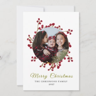 Classic Watercolor Berry Wreath Photo Christmas Holiday Card