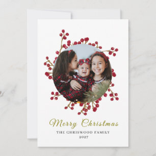 Classic Watercolor Berry Wreath Photo Christmas Holiday Card