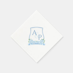 Classic Watercolor Blue Hydrangea Wedding Crest Napkin