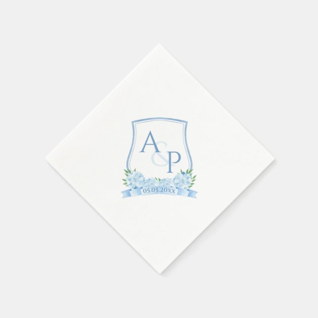 Classic Watercolor Blue Hydrangea Wedding Crest Napkin (Corner)