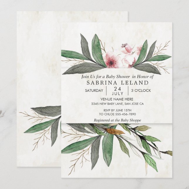 Classic Watercolor Botanical Blossoms Baby Shower Invitation (Front/Back)