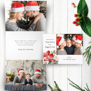 Classic Watercolor Christmas Floral Photo Tri-Fold Holiday Card