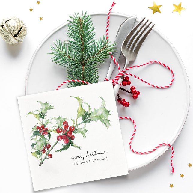 Classic Watercolor Christmas Holly Berries Name Napkin (Classic Watercolor Christmas Holly Berries Name Napkins)
