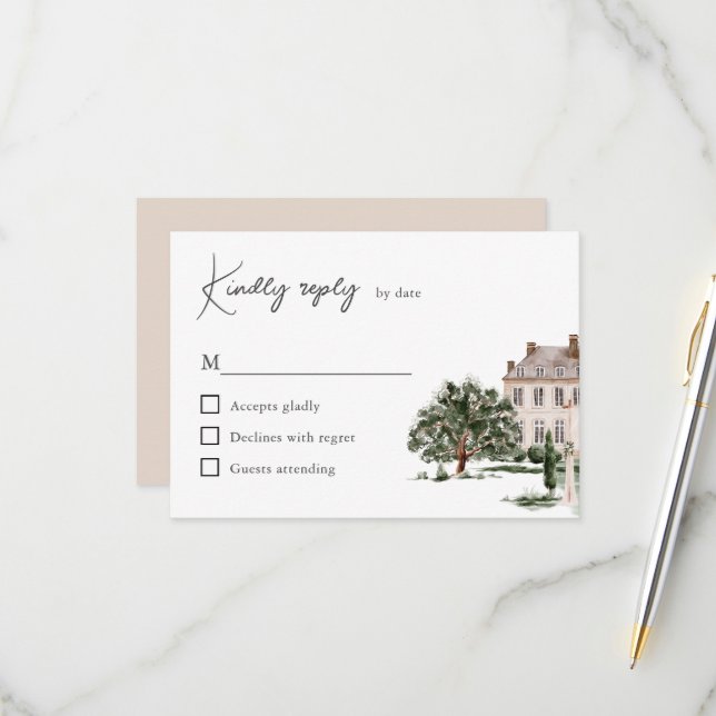 Classic Watercolor English Manor House Wedding RSVP Card (Front/Back In Situ)