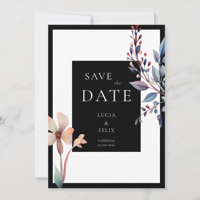 Classic Watercolor Floral Black Save The Date Invitation (Front)