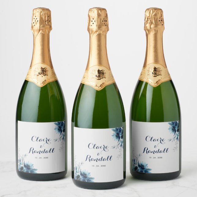 Classic Watercolor Floral Wedding  Sparkling Wine Label (Bottles)