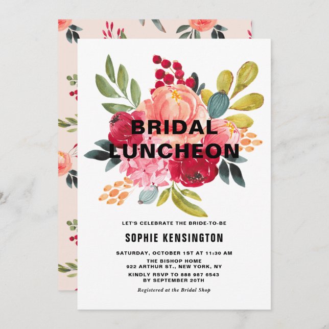 Classic Watercolor Flowers Fall Bridal Luncheon Invitation (Front/Back)