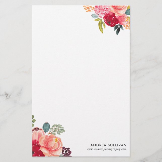 Classic Watercolor Flowers Personalized Stationery (Front)