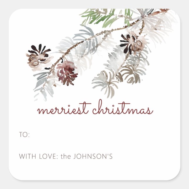 Classic Watercolor Greenery Pine TO and From Square Sticker (Front)