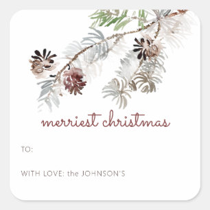 Classic Watercolor Greenery Pine TO and From Square Sticker
