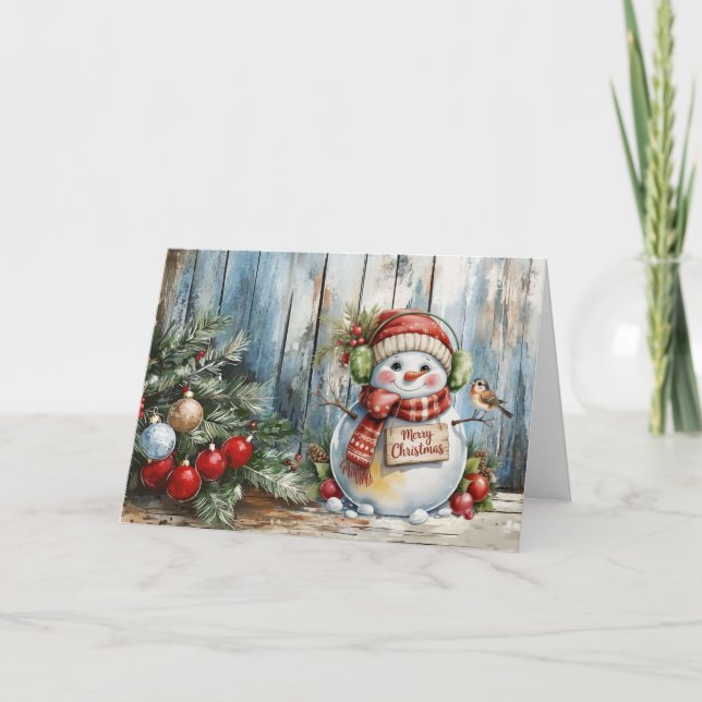 Classic Watercolor Merry Christmas Snowman Blank Holiday Card (Front)