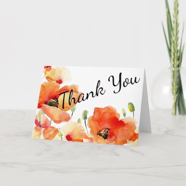 Classic Watercolor Poppies Folded Thank You Card (Front)