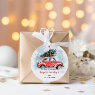 Classic Watercolor Red Car Christmas Tree Holiday  Favour Tags