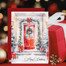 Classic Watercolor Red Door Green Wreath Christmas