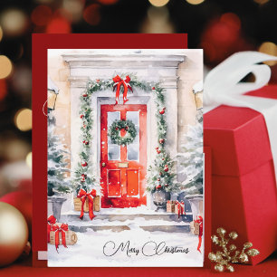 Classic Watercolor Red Door Green Wreath Christmas Holiday Card